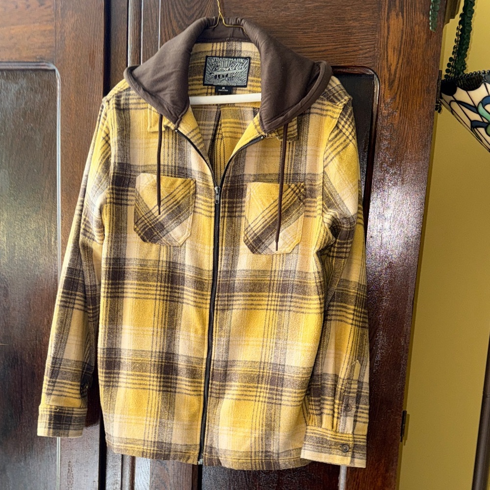 Brooklyn Cloth Muted Yellow & Brown Plaid Flannel Shirt Jacket with Brown Hoodie